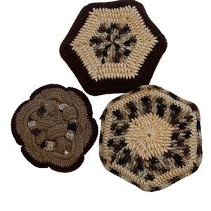 Set Of 3 Handmade Grandma Crochet Pot Holders/ Rests Brown Multicolor 9 Inch